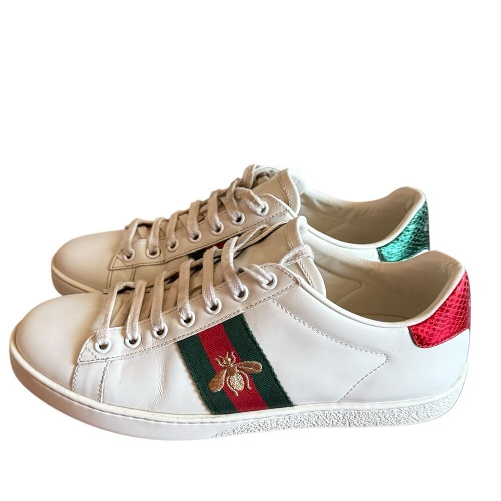 Gucci Ace White Leather Bee Embroidered Web Stripe Sneakers Low Top EU 38 US 8 - Picture 3 of 11